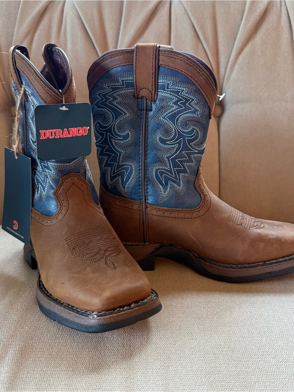 Durango Brown Leather Cowboy Boots with Blue Embroidered Shaft